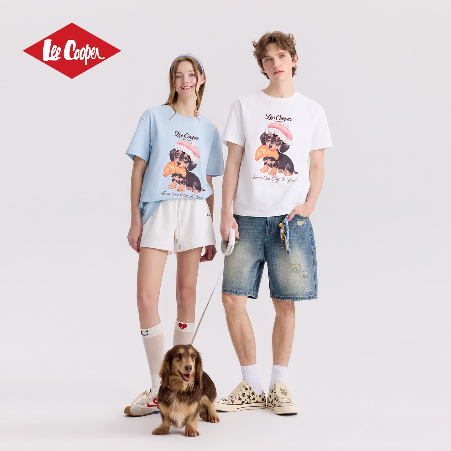 Lee Cooper卡通小狗印花短袖T恤男女同款休闲上衣百搭宽松情侣款