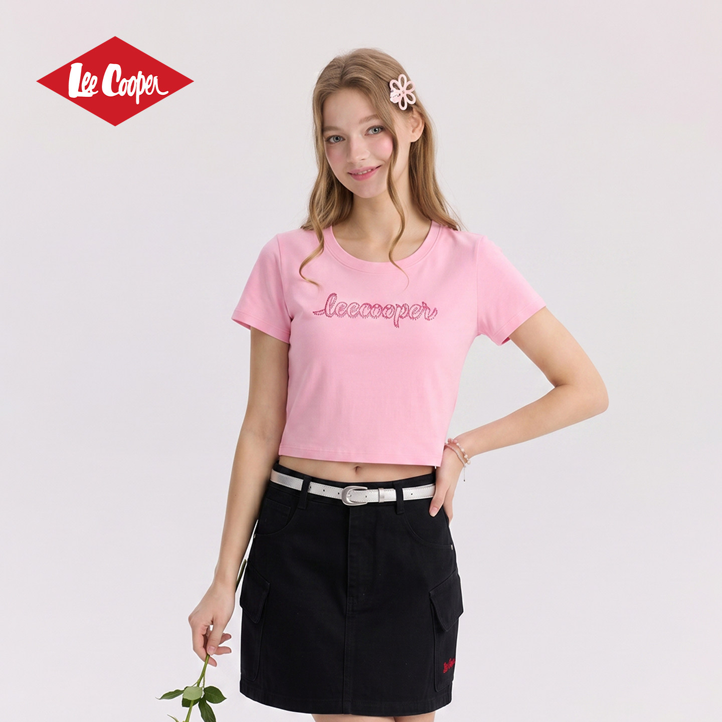 Lee Cooper短袖T恤粉色女生夏季新款百搭修身显瘦辣妹短款上衣