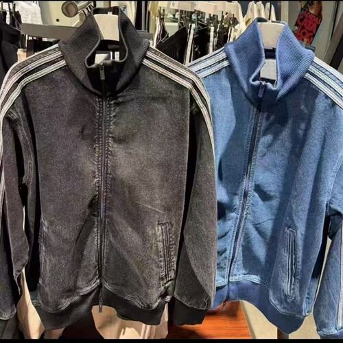 2026新款三条杠时尚复古运动风立领男女宽松百搭拉链牛仔夹克外套