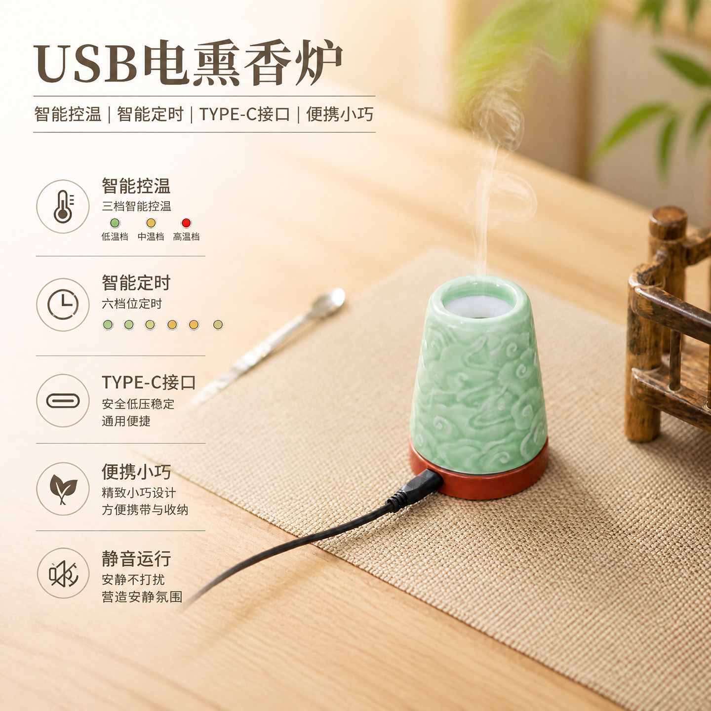 USB便携电熏香炉定时调温车载图片