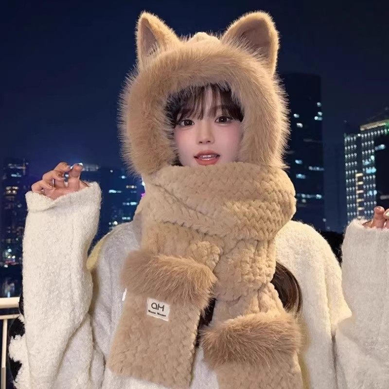 帽子女冬季围巾手套一体帽耳朵防寒保暖毛绒帽可爱百搭套头帽,服饰配件/皮带/帽子/围巾,三件套,淘宝优惠券,粉丝福利购,淘宝优惠卷