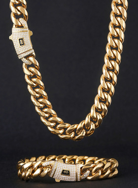 饰品不锈钢项链-圆磨加密古巴链锆石弹簧扣钛钢链