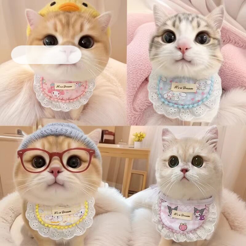 猫咪围脖卡通花边口水巾宠物围兜玩偶小熊装饰品围巾夏季猫围领