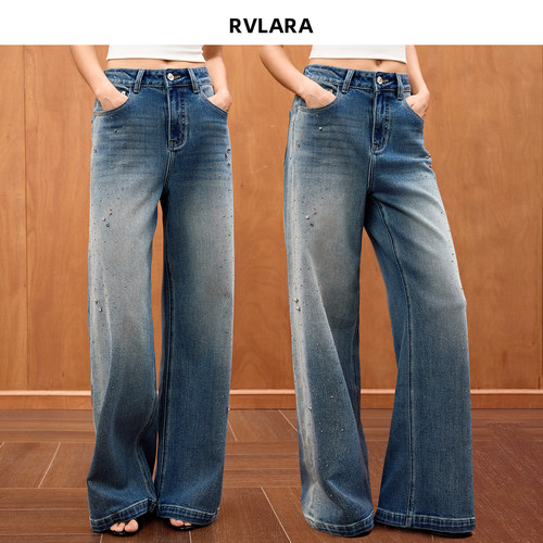 RVLARA复古怀旧水洗定位烫彩钻满天星时髦百搭显瘦直筒牛仔裤子