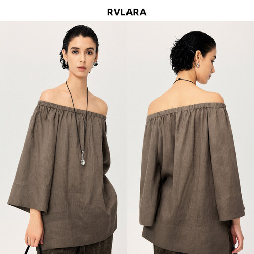 RVLARA天然亚麻一字肩上衣
