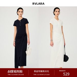 RVLARA时髦博主造型_舒爽全棉亨利领纽结好穿显瘦短袖懒人连衣裙