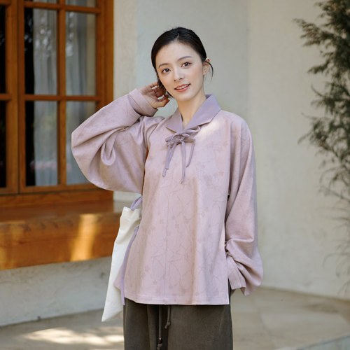 茱萸汉服｜石隙生花 印花磨毛面料翻领衫 汉服日常明制女装上衣