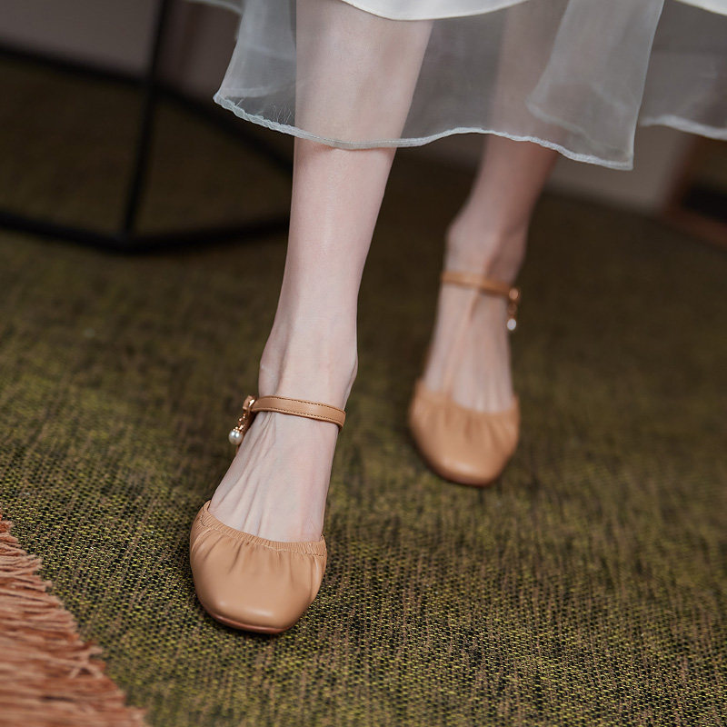 罗马包头凉鞋女夏仙女鞋温柔低跟软底真皮中跟中空一字带法式单鞋