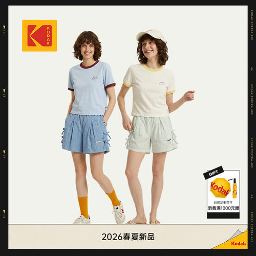 [新品]KODAK柯达26夏季复古休闲学院风宽松短袖T恤女款短袖T恤
