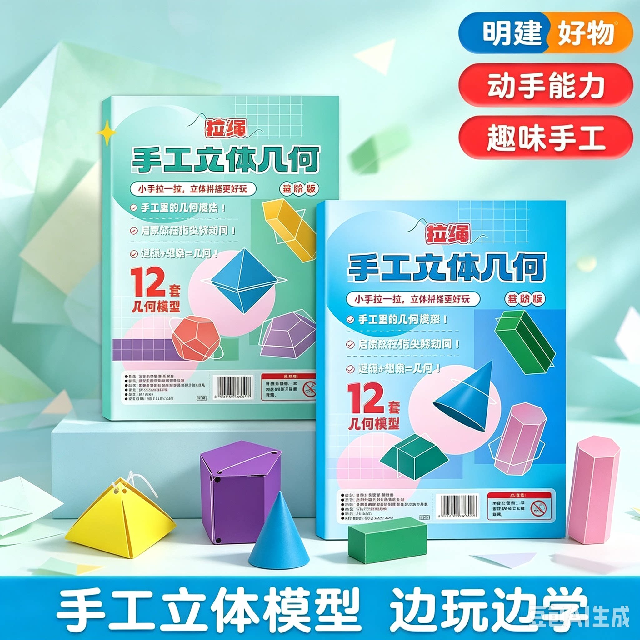 儿童DIY手工立体几何玩具模型数学启蒙趣味拉绳变立体几何图形ZX