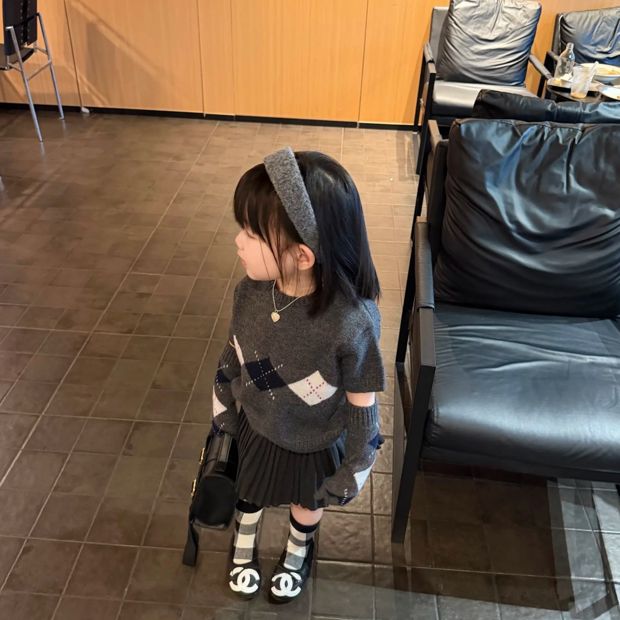 女童2026秋季灰色菱格短袖针织上衣同图案袖套两件套宝宝复古毛衣