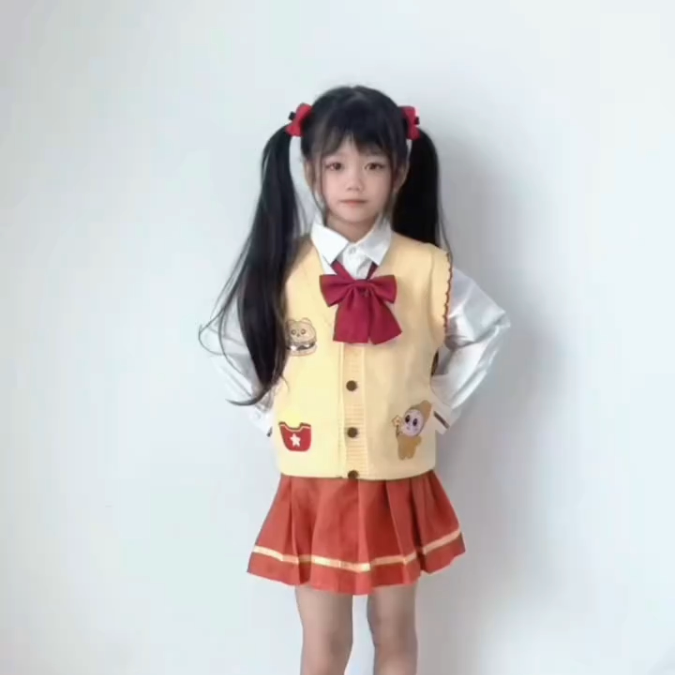 女童学院风JK三件套秋季儿童汉堡刺绣针织马甲衬衫百褶裙学生套装