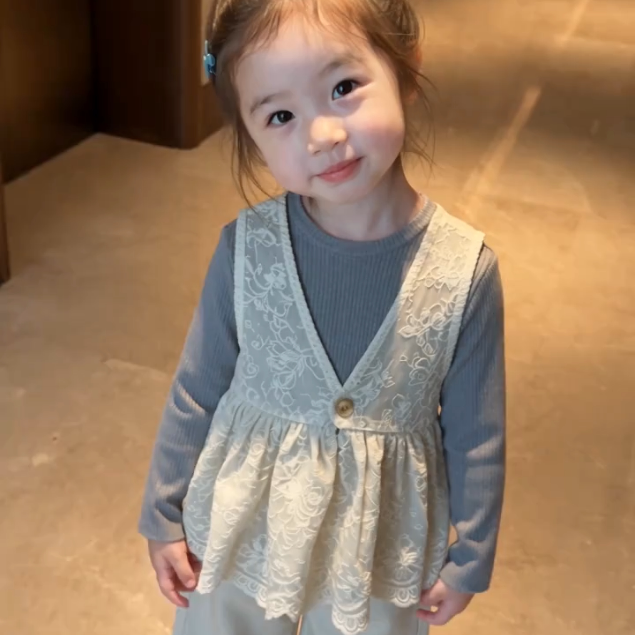 女童春秋蕾丝马甲加长袖儿童韩版甜美单排扣马夹宝宝外穿背心衬衫