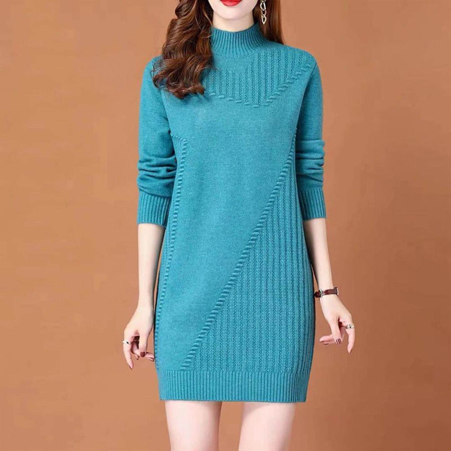 秋冬季新款长袖半高领中长款毛衣打底衫纯色百搭显瘦针织连衣裙女