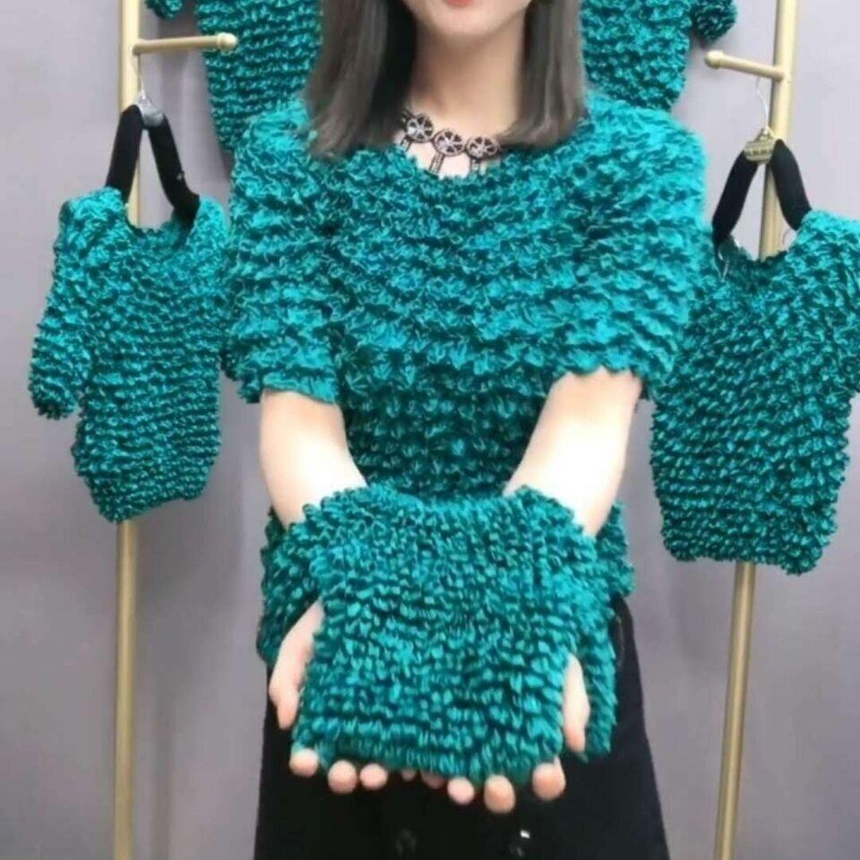 褶皱菠萝衫压皱泡泡衫百变魔术衣短袖纯色清透宽松均码立体女装