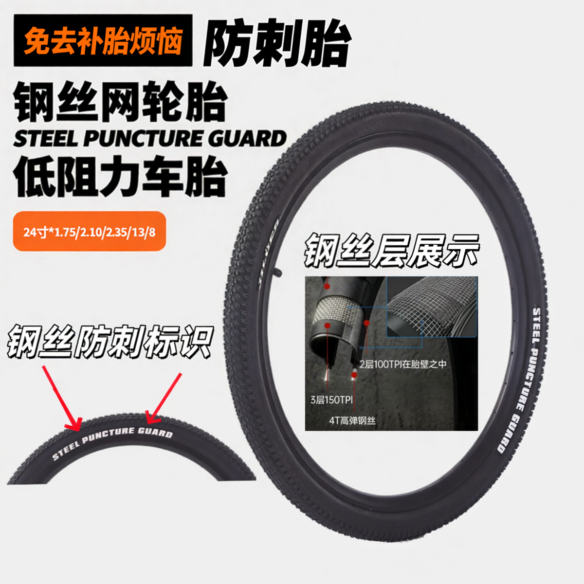 24寸钢丝网防扎轮胎低阻力自行车防刺内外胎套装山地车美法嘴配件