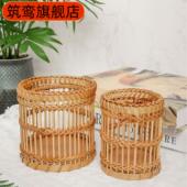 越南竹编复古木质编织笔筒桌面文具梳子化妆书法工具收纳摆件