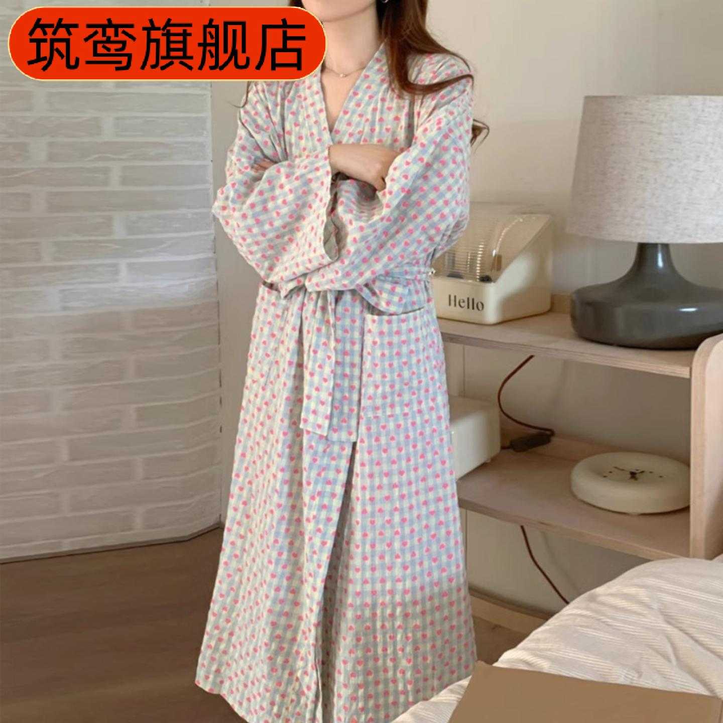 日系甜美爱心格子浴袍睡衣中长款