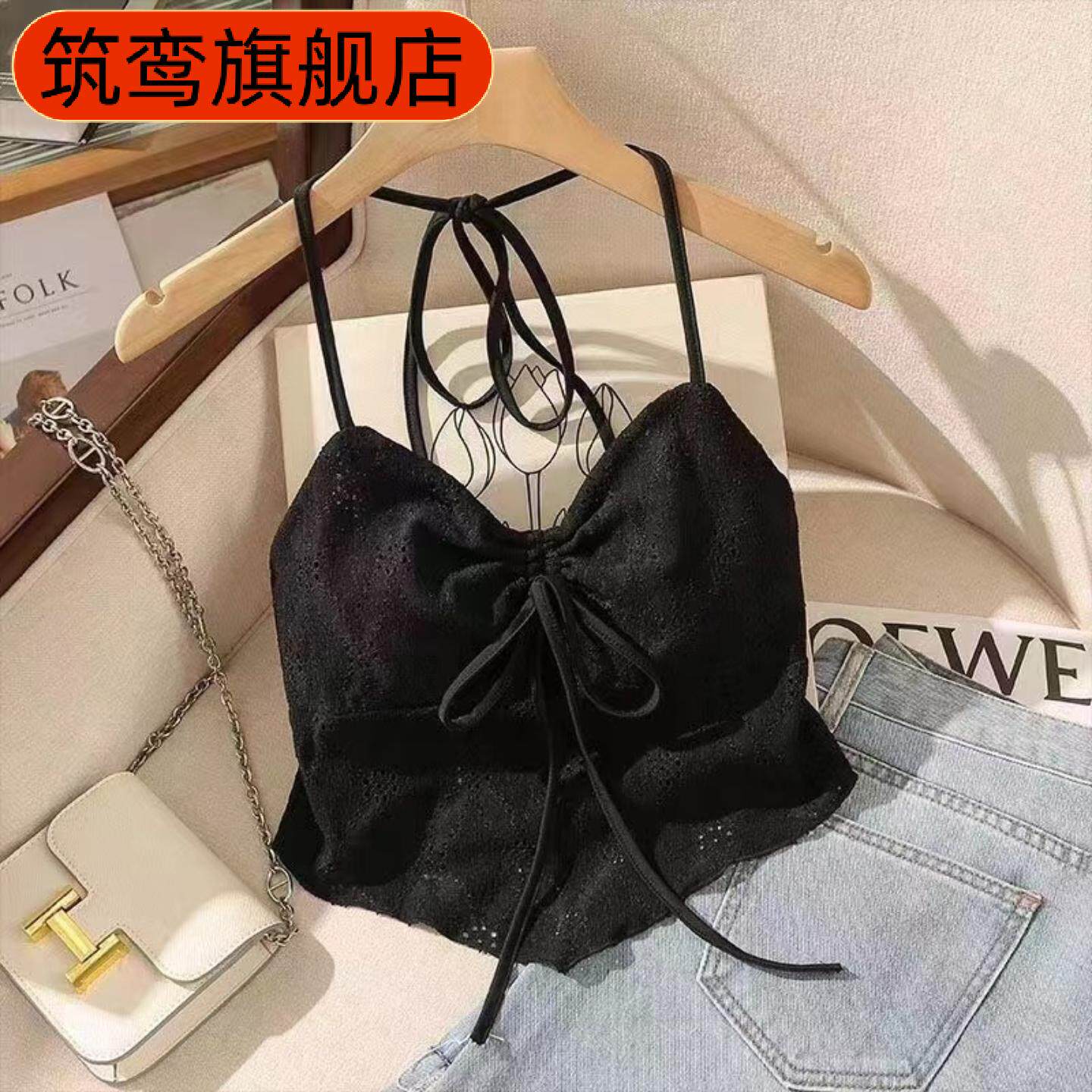 性感蕾丝挂脖绑绳吊带结设计感辣妹带胸垫抹胸美背上衣女