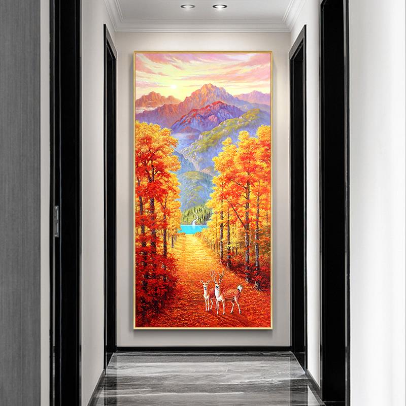 简约现代黄金满地玄关手绘风景油画美式走廊过道欧式轻奢装饰挂画