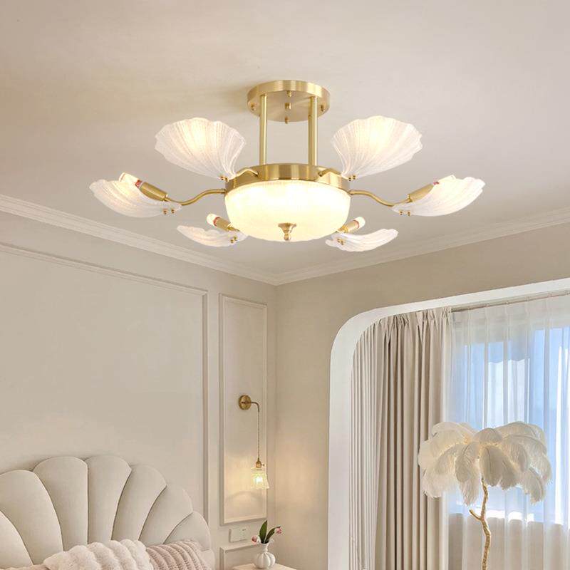 全铜美式简约客厅贝壳罩吊灯简欧卧室灯轻奢吸顶款书房餐厅灯