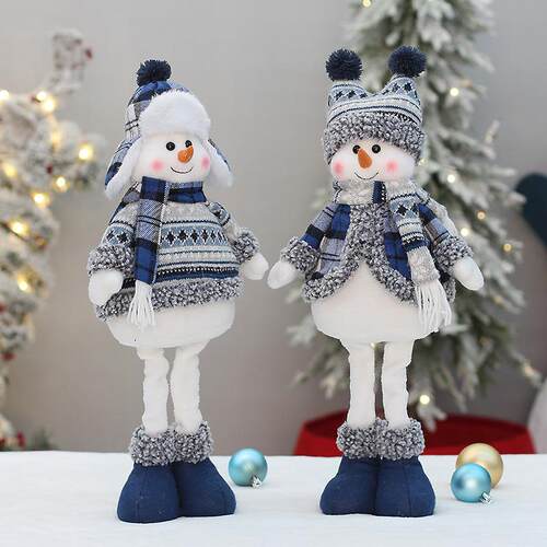 工厂现货跨境圣诞新品蓝色布艺可伸缩雪人公仔玩偶装饰品摆件