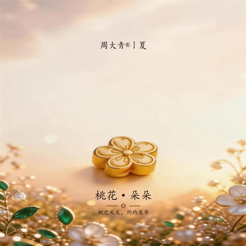 周大青足金桃花金珠吊坠