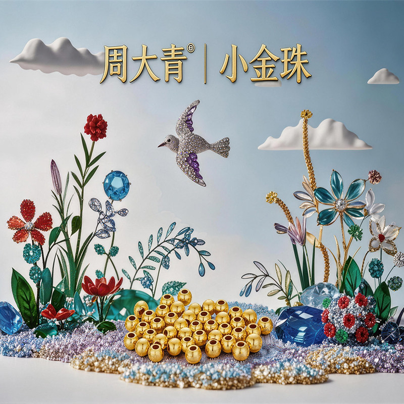 周大青足金999小金珠转运珠光面散珠diy手串手链纯金古法珠子礼物