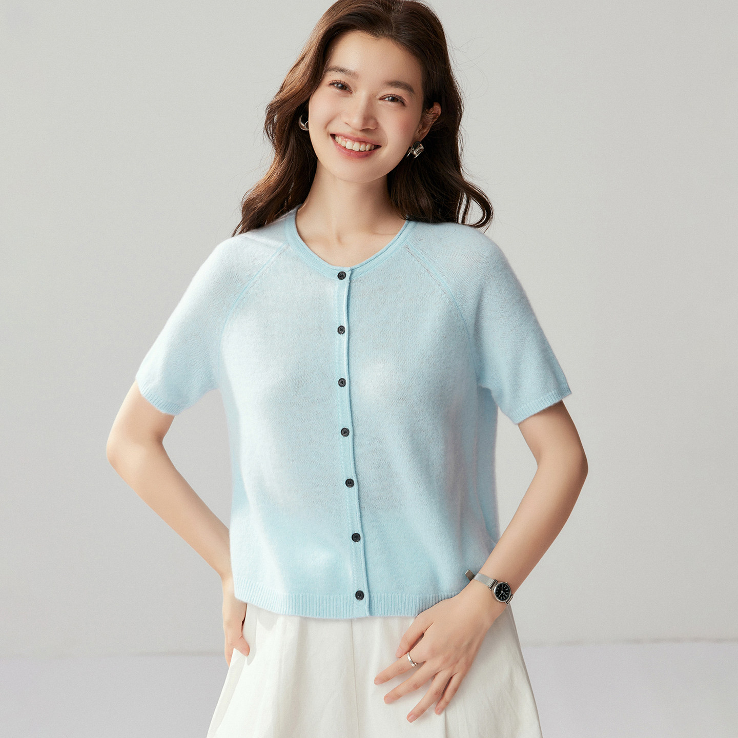 100%纯山羊绒开衫女短袖圆领上衣