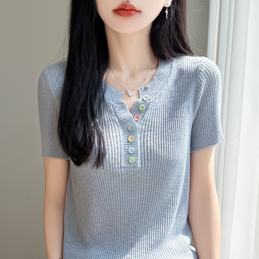 蓝色冰丝针织衫正肩短袖t恤女夏季2026新款v领修身短款半袖上衣