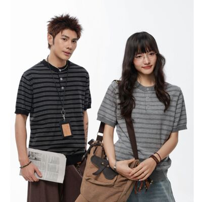 HSNH【夏季条纹针织T恤】复古老钱风亨利领短袖宽松休闲男女同款