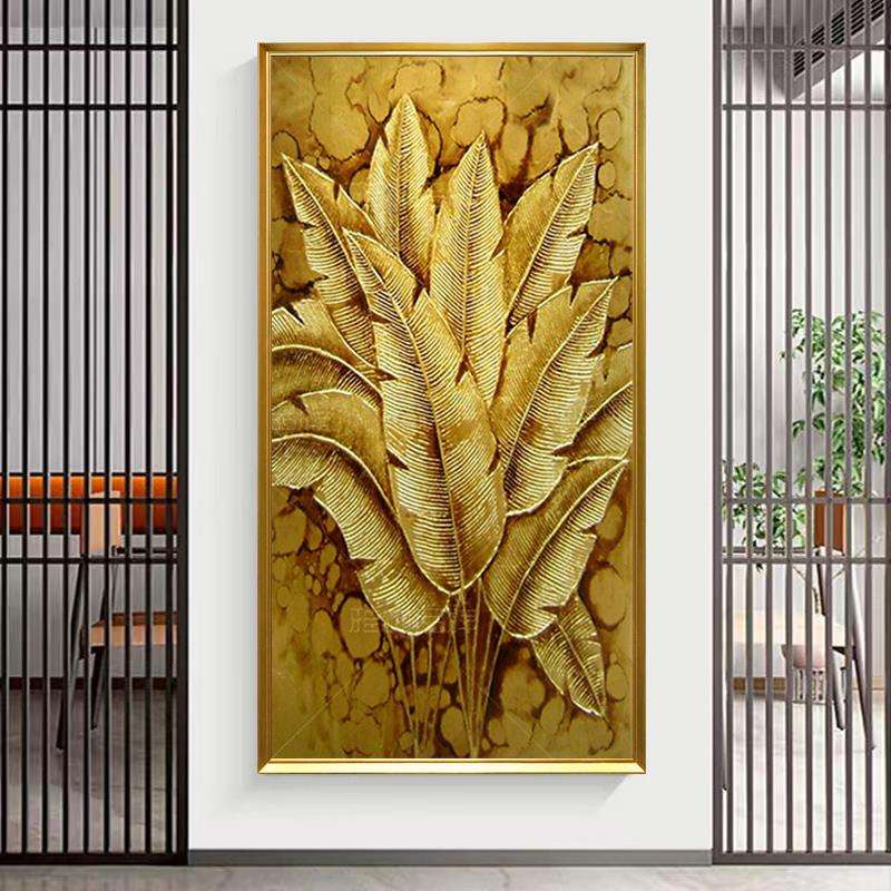 东南亚泰式客厅玄关装饰画走廊挂画竖版手绘抽象画油画金箔芭蕉叶