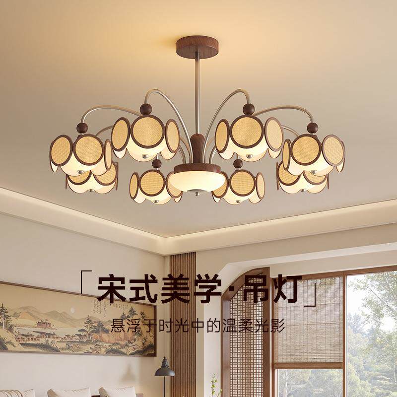 新中式客厅吊灯宋式美学创意设计师款木质中古风圆片布艺餐厅吊灯