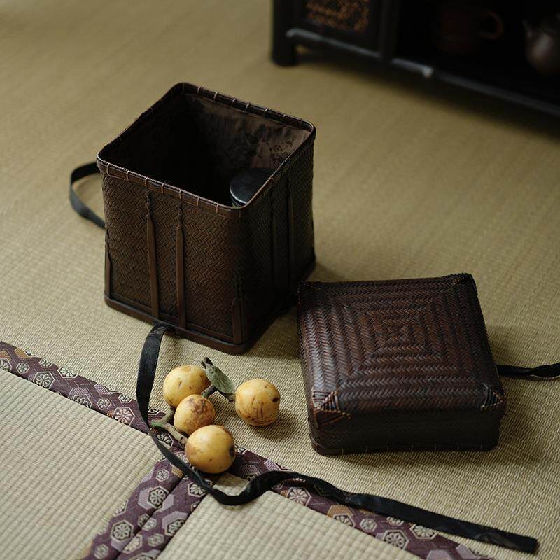 日式手工竹编茶具箱 茶器收纳筐 家用茶室杯壶防尘袋便携式茶盒