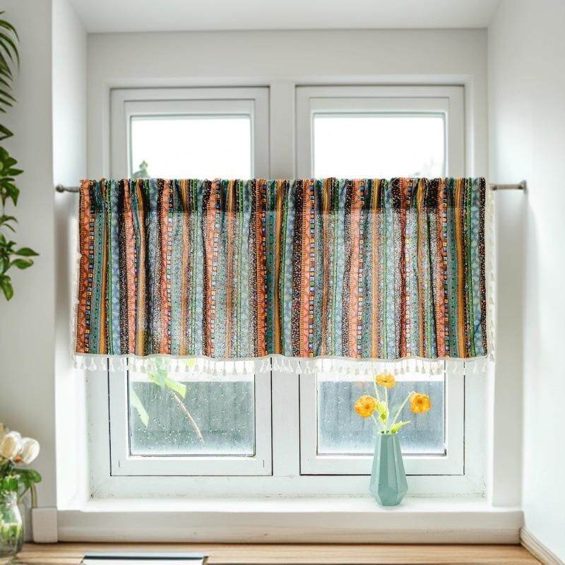 跨境美式棉麻印花窗帘成品免打孔乡村厨房挂帘子彩色流苏咖啡短帘