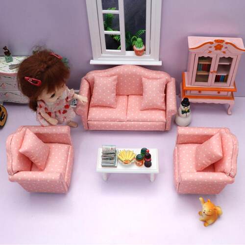 1:12迷你娃娃屋摆件DOLLHOUSE家具配件OB11用沙发套装布艺三件套