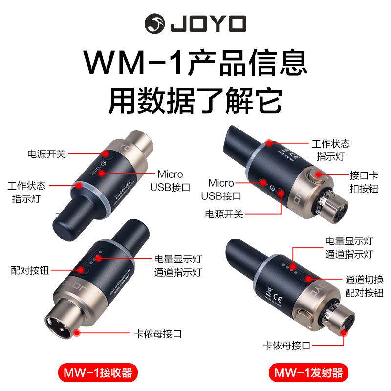 JOYO卓乐MW-1充电无线麦克风系统话筒便携发射接收器卡农接口乐器