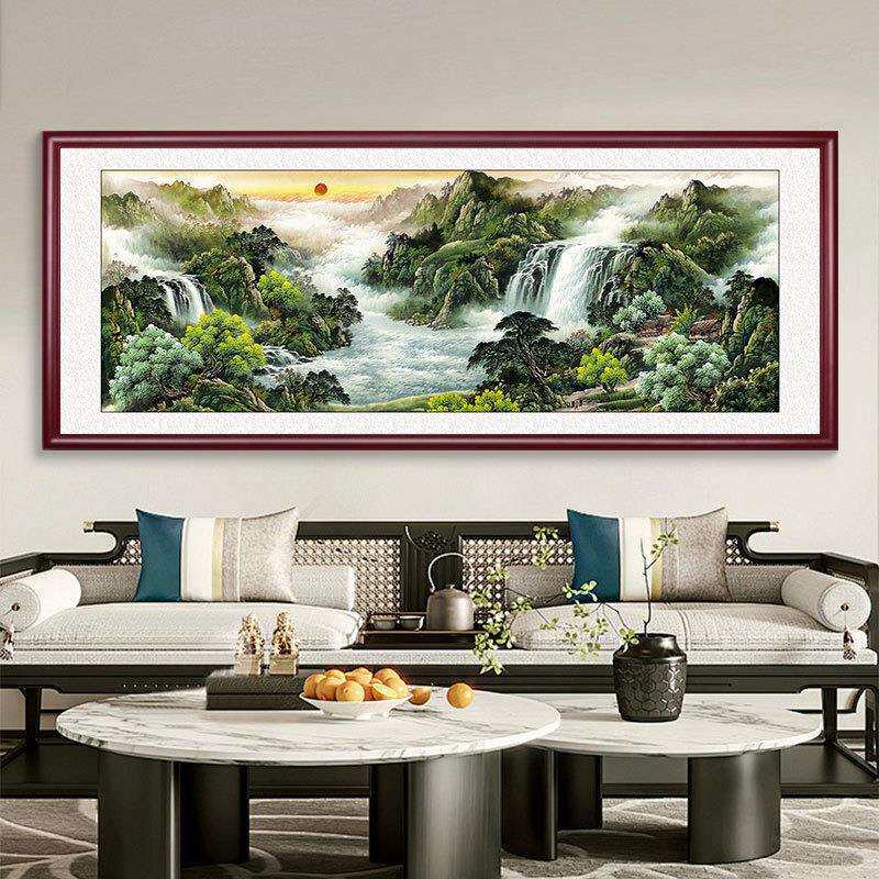 客厅装饰画背有靠山风水山水画酒店大堂会议室家居软装实木挂画