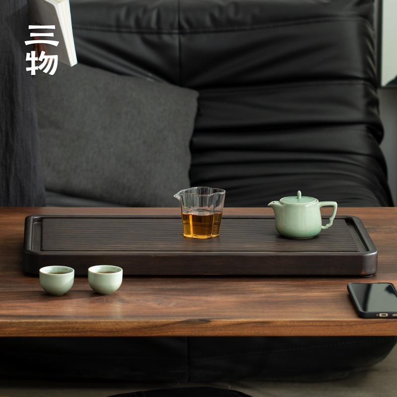 三物意竹茶盘嵌入式带排水管长方形托盘家用办公室竹制茶具高档