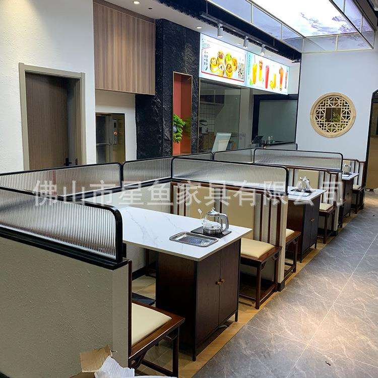 粤式茶楼广式茶点早点岩板餐桌椅实木卡座沙发优质新中式茶楼家具