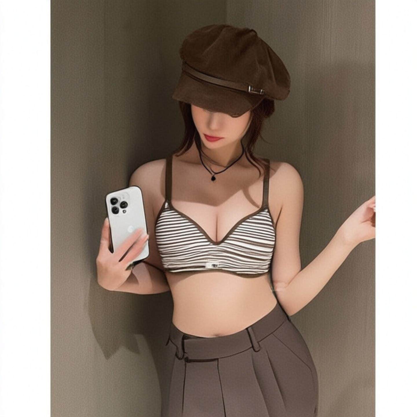 新款加厚条纹内衣女小胸聚拢显大不空杯收副乳调整型文胸罩