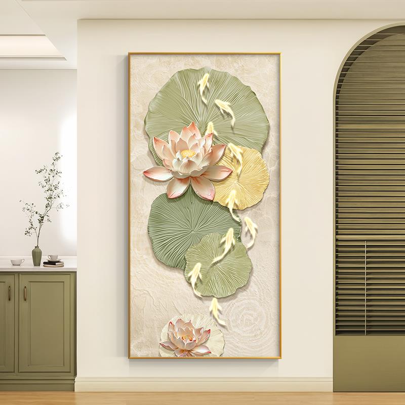 九鱼图荷花立体感玄关装饰画现代高级入户正对门壁画走廊过道挂画图片