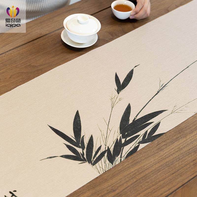 墨竹图桌旗中式禅意茶布茶桌垫布茶席桌布长条餐桌旗布防水茶旗