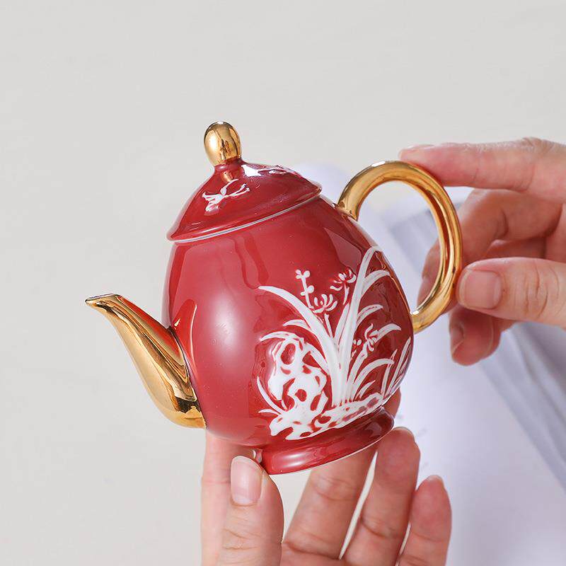 手工堆雕红釉茶壶陶瓷泡茶单壶家用茶具套装功夫白瓷泡茶壶