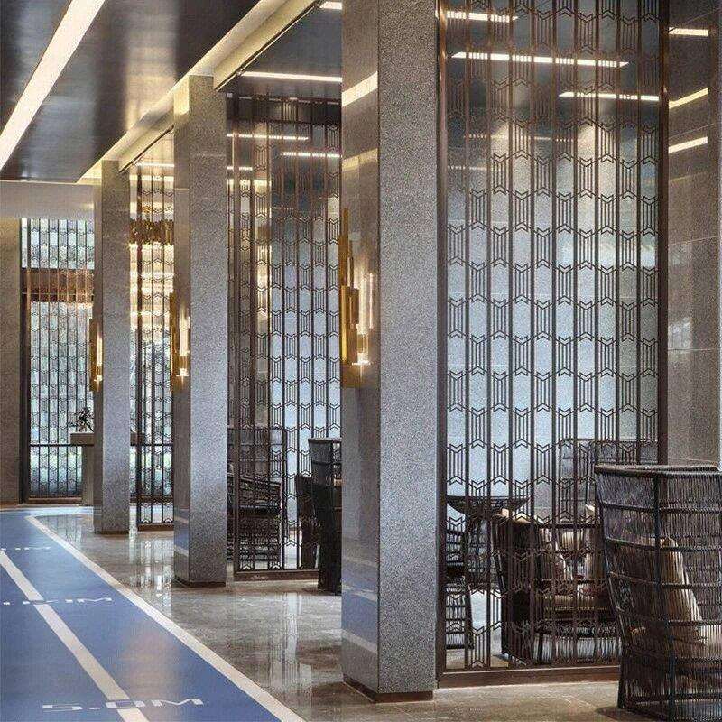 现代轻奢酒店大堂金属隔断墙进门玄关玫瑰金镜面不锈钢艺术屏风