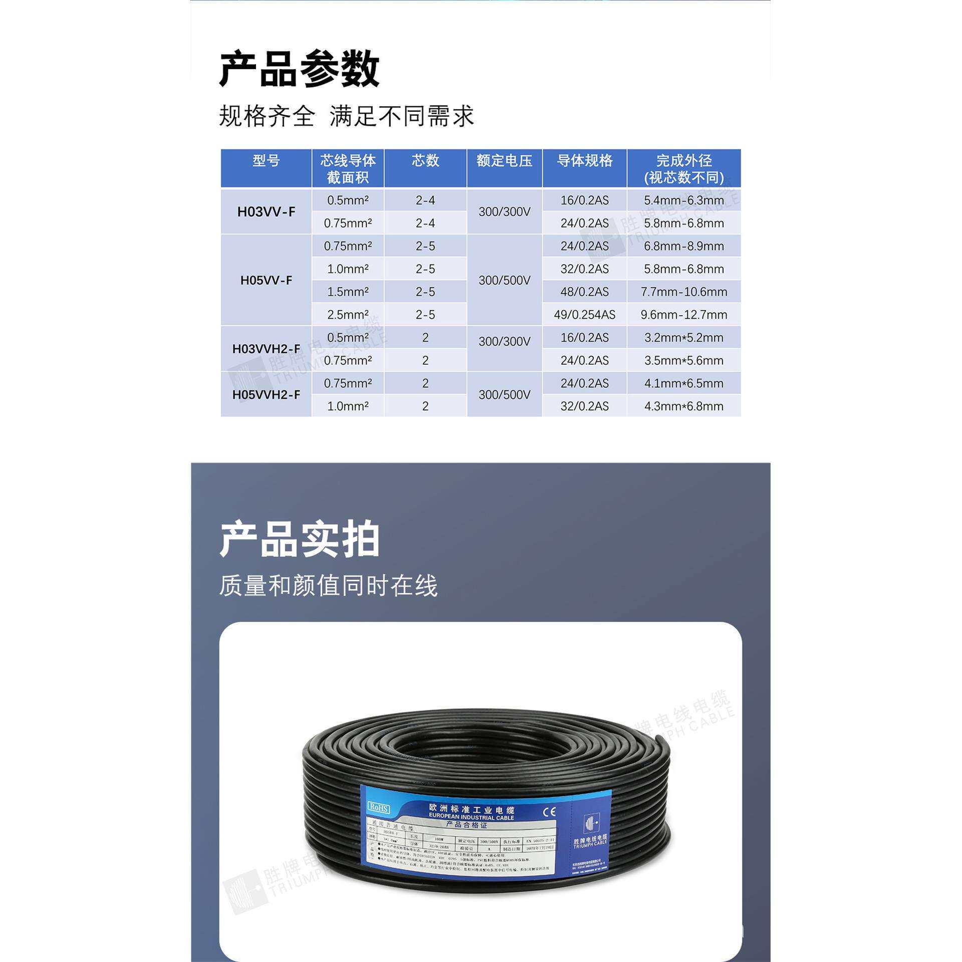 胜牌H03VV-F/0.75MM/2~4芯护套电源线固定安装控制柜 VDE认证