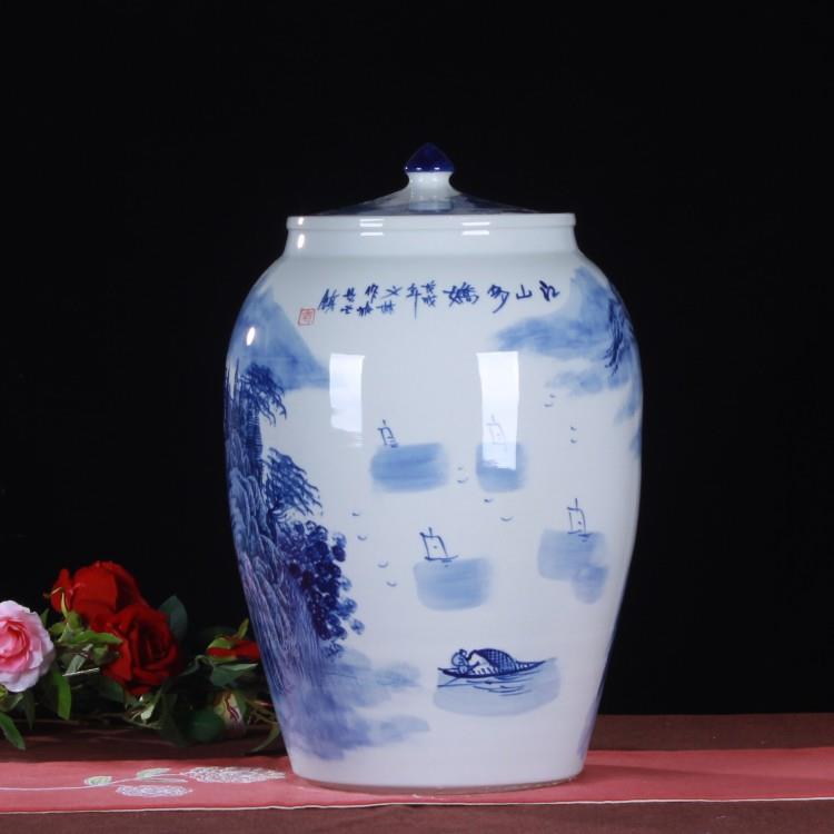 景德镇陶瓷工艺品手绘青花山水 陶瓷米缸 储物缸陶瓷摆件