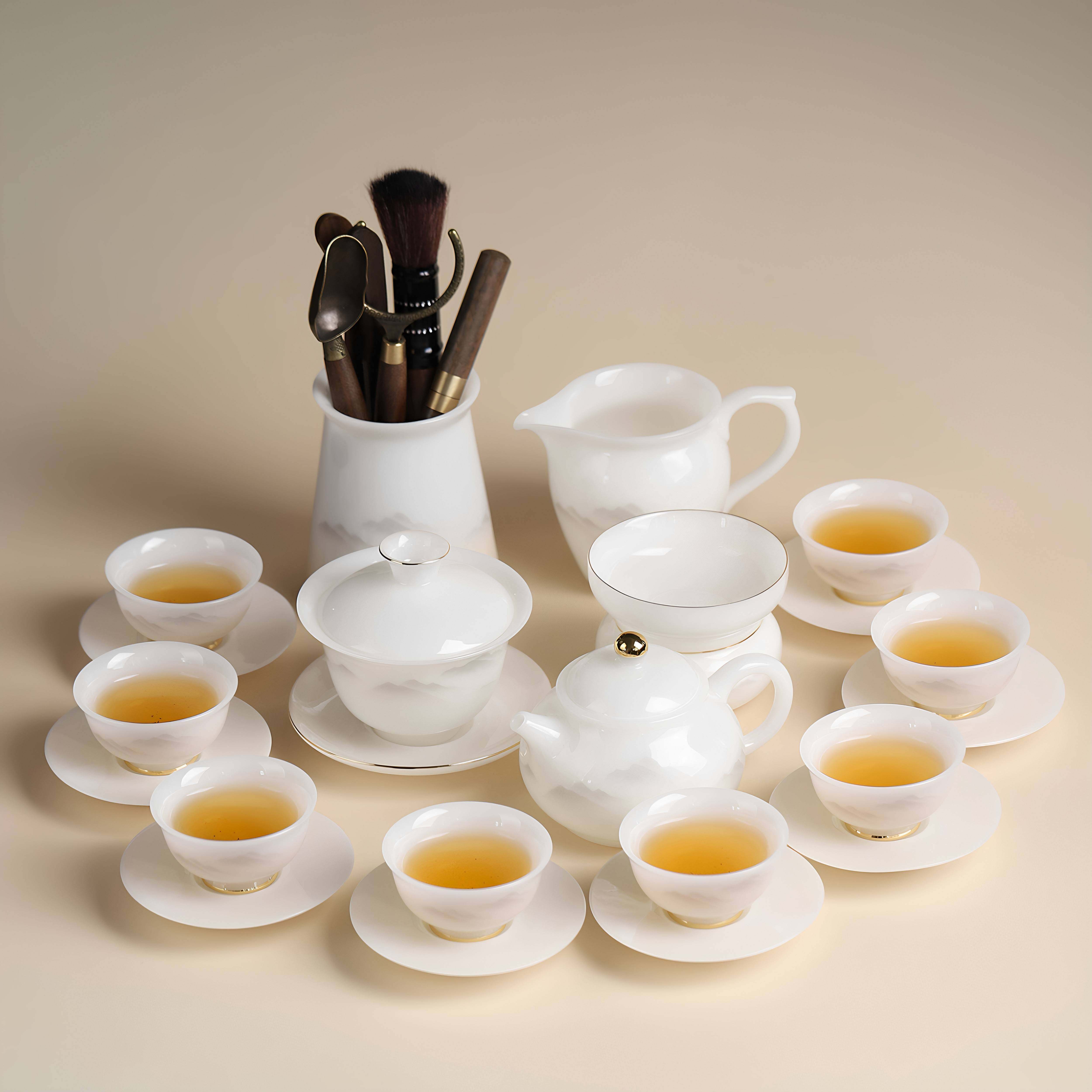 高档璞玉功夫茶具家用白瓷盖碗小茶杯套装办公室会客简约泡茶器具