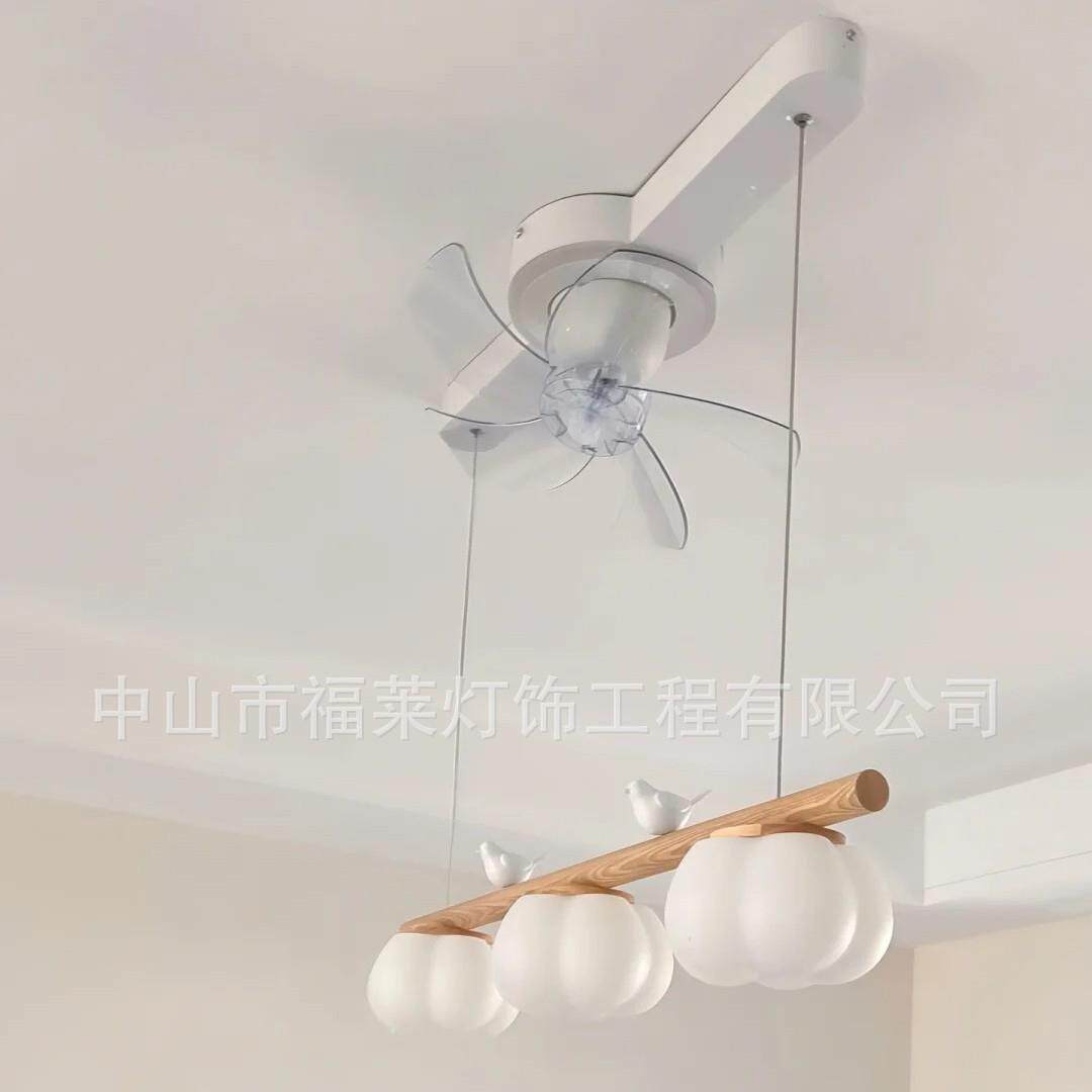 餐厅风扇一体吊灯摇头风扇灯北欧简约现代原木奶油小鸟棉花吊灯