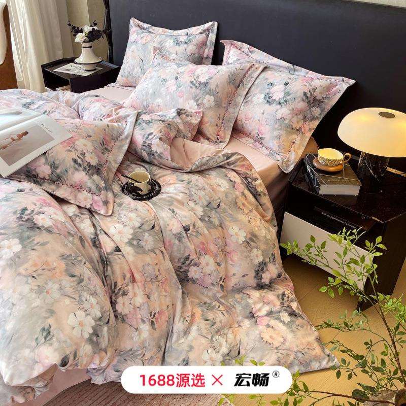 全棉加厚磨毛四件套秋冬保暖纯棉斜纹印花被套田园花卉床品套件